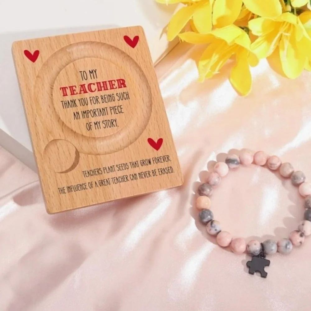 Teacher Appreciation Natural Pink Stone‎ Beaded Bracelet with Puzzle Piece Charm